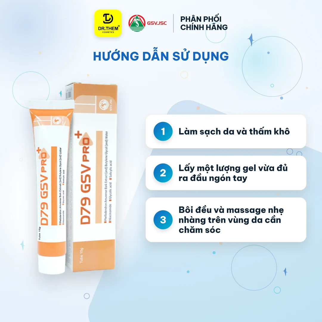 Gel Bôi Hỗ Trợ Giảm Mụn D79 GSV Pro+ Mờ Thâm Mụn Kiểm Soát Dầu Dưỡng Ẩm Với AHA BHA Niacinamide 15g – hướng dẫn sử dụng