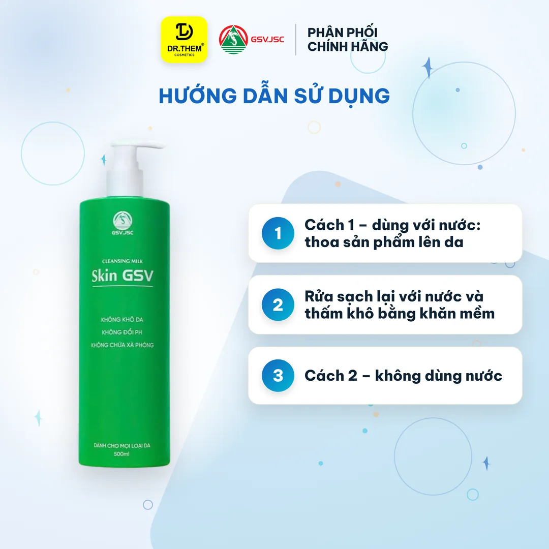 Sữa Rửa Mặt Và Tẩy Trang Skin GSV Cleansing Milk Làm Sạch Dịu Nhẹ Không Xà Phòng Cho Mọi Loại Da 500ml – hướng dẫn sử dụng
