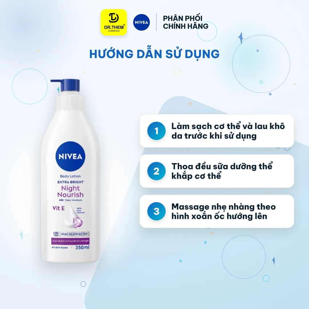 Sữa Dưỡng Thể Nivea Extra White Night Hỗ Trợ Dưỡng Sáng Mịn Da Ban Đêm Với Niacinamide Vitamin C 350ml – hướng dẫn sử dụng