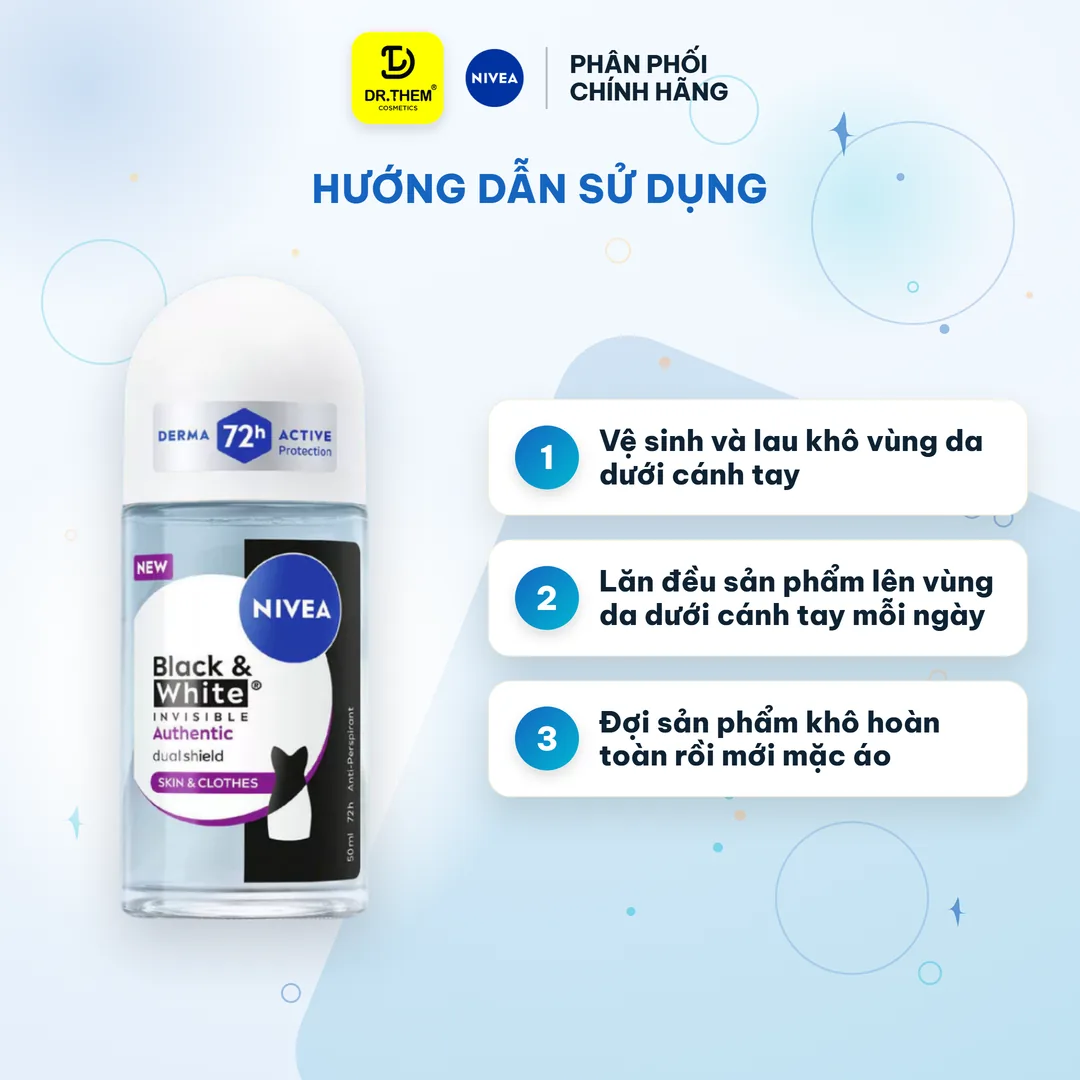 Lăn Ngăn Mùi Nivea Black & White Invisible Authentic Ngăn Mùi Và Mồ Hôi 72 Giờ Hạn Chế Vệt Ố Vàng Vệt Trắng 50ml – hướng dẫn sử dụng