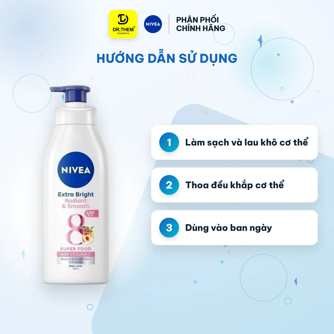 Sữa Dưỡng Thể Nivea Extra Bright Radiant & Smooth 8 Super Foods Dưỡng Sáng Mịn Cấp Ẩm Đều Màu Ban Ngày 350ml – hướng dẫn sử dụng
