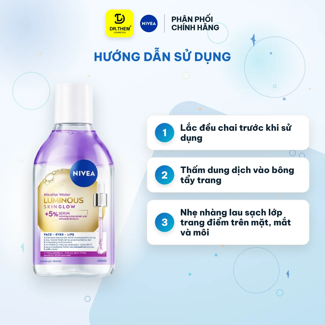Nước Tẩy Trang NIVEA Luminous Skin Glow Làm Sạch Sâu Dưỡng Sáng Se Khít Lỗ Chân Lông Cho Mọi Loại Da 400ml – hướng dẫn sử dụng