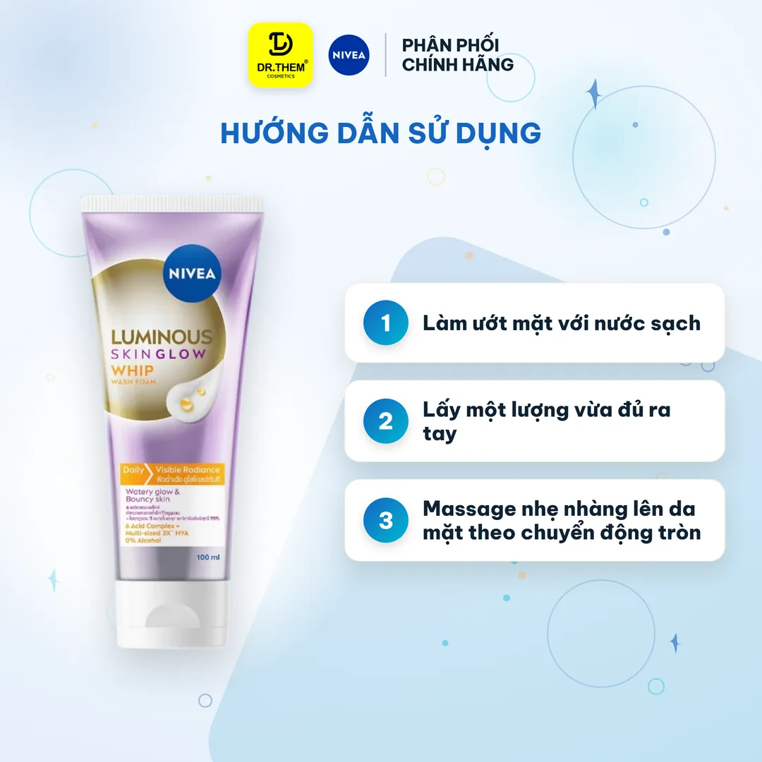 Sữa Rửa Mặt NIVEA Luminous Skin Glow Whip Wash Foam Làm Sạch Sâu Dưỡng Sáng Ẩm Mượt Cho Da Khô Xỉn Màu 100ml – hướng dẫn sử dụng