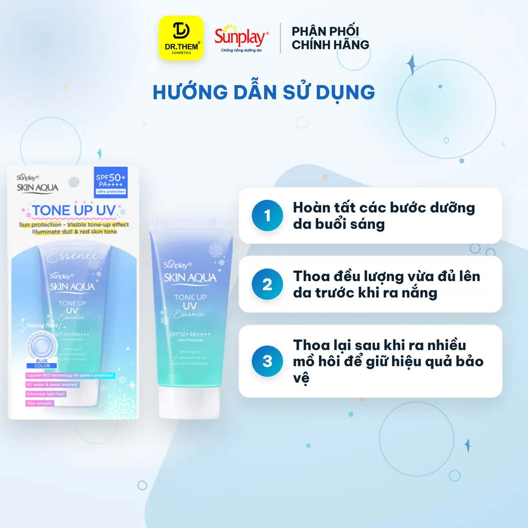 Tinh Chất Chống Nắng Sunplay Skin Aqua Tone Up UV Essence Blue Nâng Tông Kiềm Sắc Đỏ Dưỡng Ẩm 12H 50g – hướng dẫn sử dụng