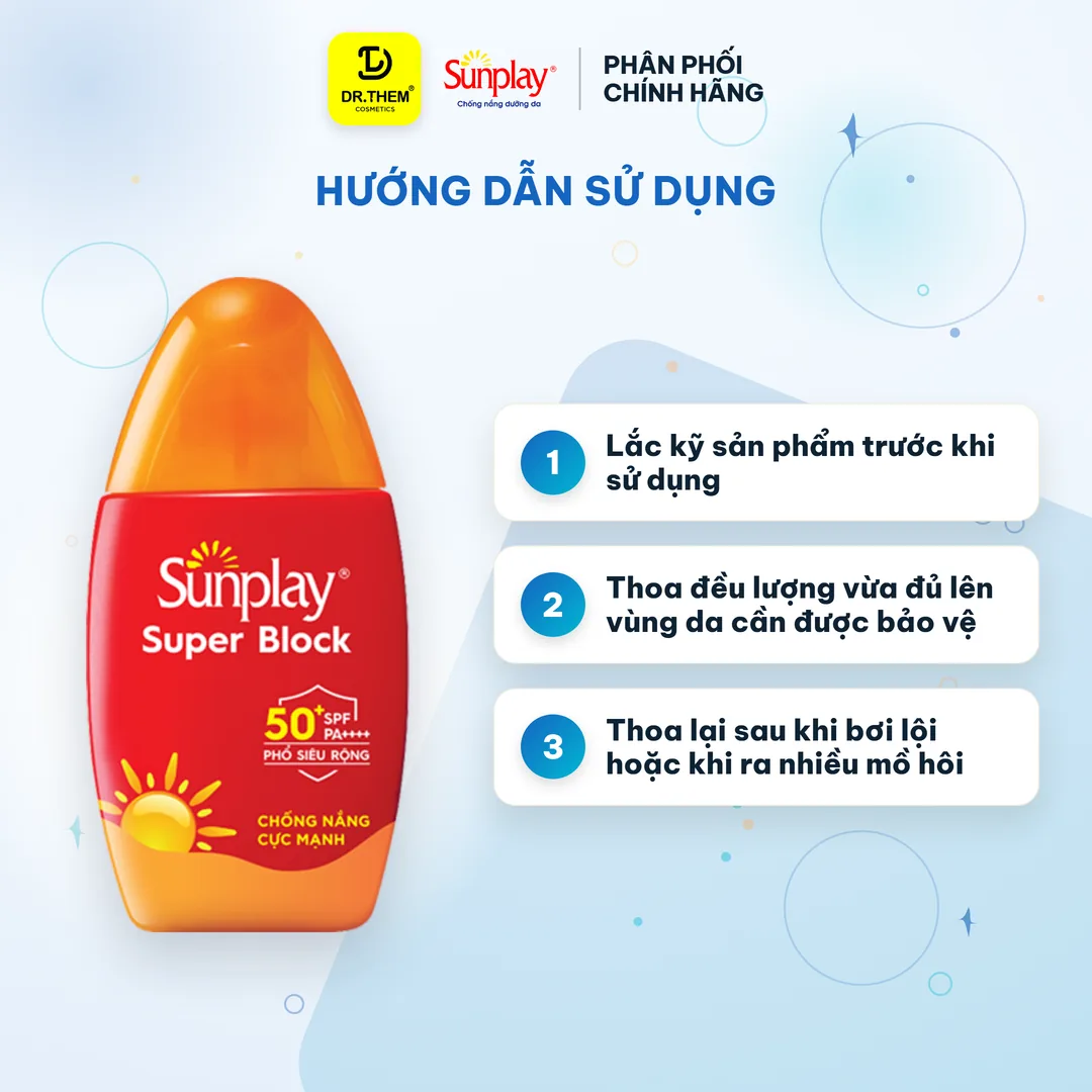 Sữa Chống Nắng Sunplay Super Block SPF50+ PA++++ Bảo Vệ Vượt Trội Kháng Nước Cho Mọi Loại Da 30g 70g – hướng dẫn sử dụng