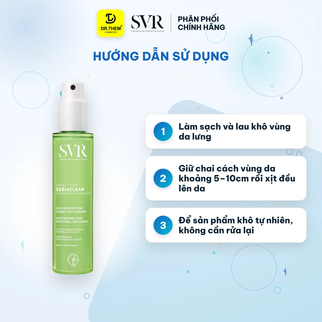 Xịt Hỗ Trợ Giảm Mụn Lưng Và Cơ Thể SVR Sebiaclear Spray Corps Hỗ Trợ Mờ Thâm Kiềm Dầu 150ml – hướng dẫn sử dụng