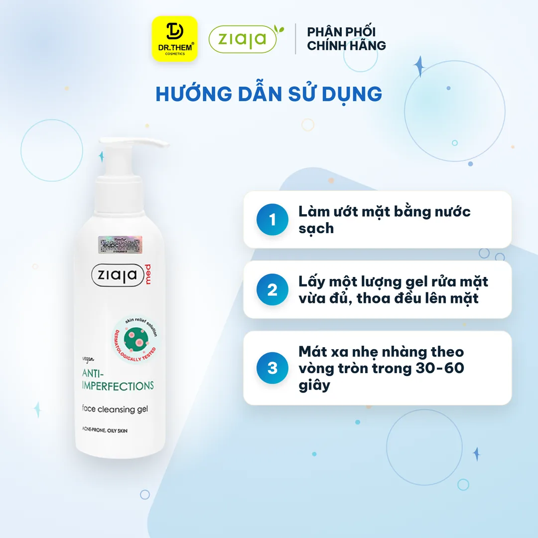 Sữa Rửa Mặt Ziaja Med Anti-Imperfections Cleansing Gel Hỗ Trợ Giảm Mụn Ngừa Khuẩn Kiềm Dầu Cho Da Dầu Mụn 200ml – hướng dẫn sử dụng