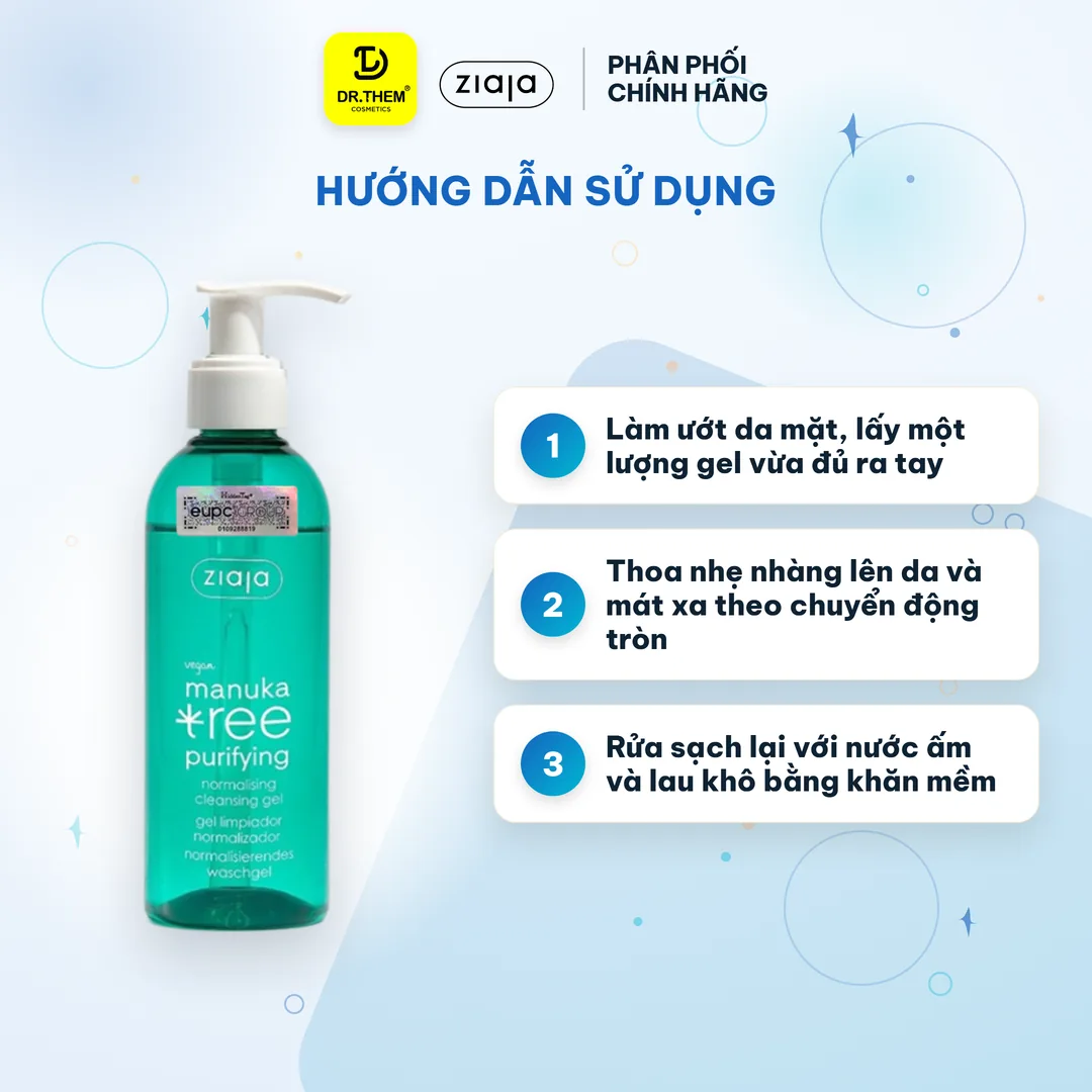 Gel Rửa Mặt Ziaja Manuka Tree Purifying Normalising Cleansing Gel Làm Sạch Sâu Điều Hòa Bã Nhờn 200ml – hướng dẫn sử dụng