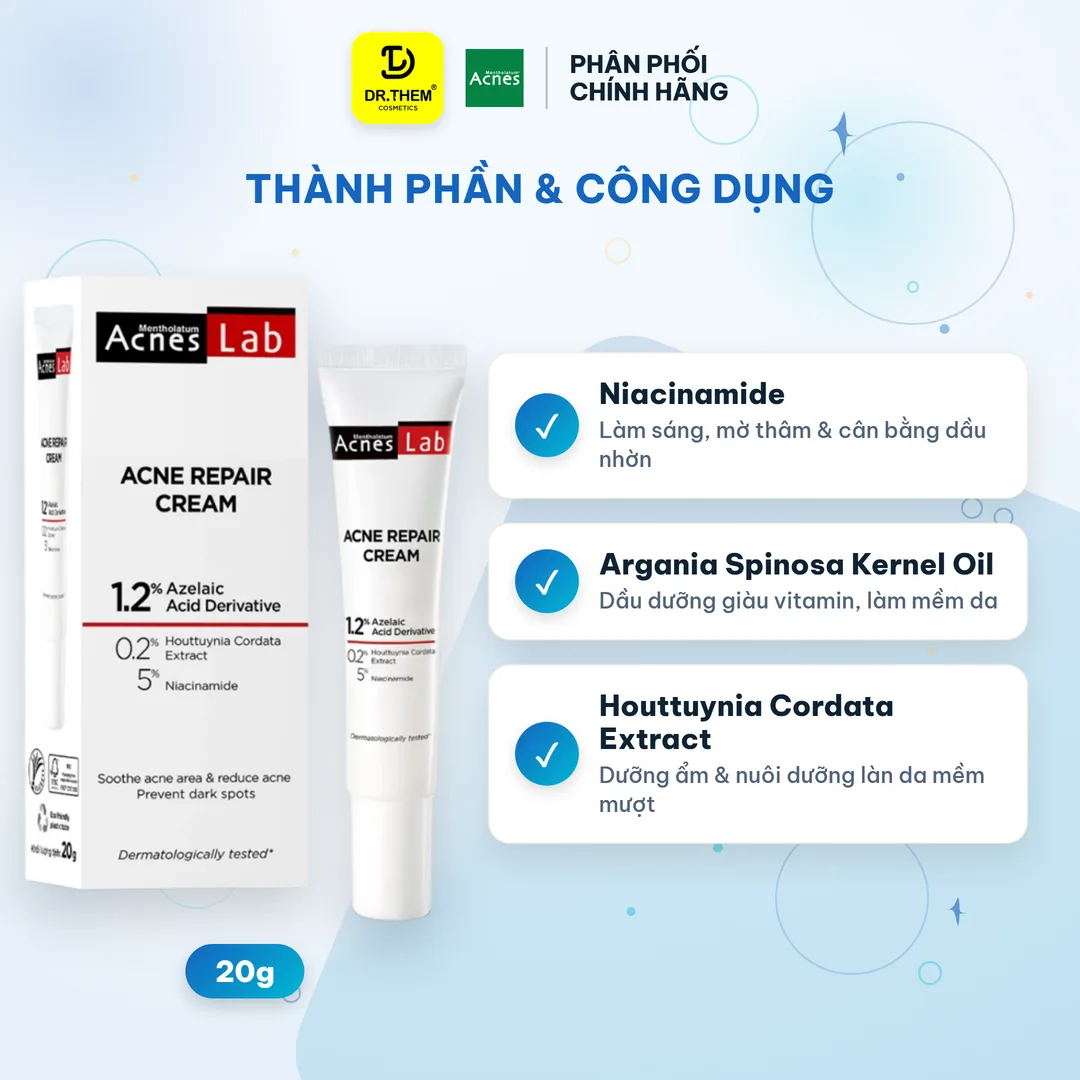 Kem Dưỡng Da Acnes Lab Acne Repair Cream Hỗ Trợ Giảm Mụn Chuyên Sâu Làm Dịu Mờ Thâm Cho Da Dầu Mụn 20g – thành phần & công dụng