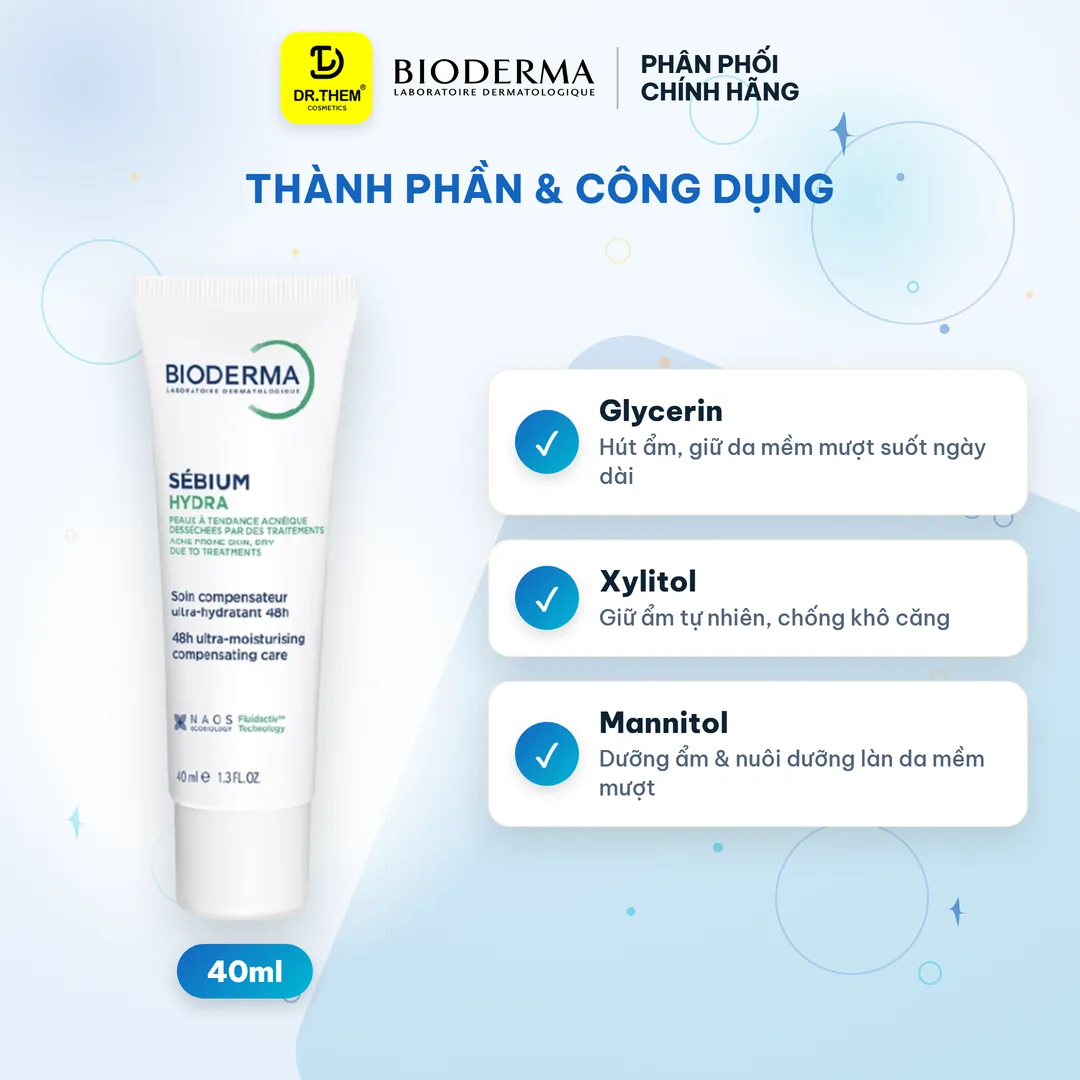 Kem Dưỡng Ẩm Bioderma Sébium Hydra Cấp Ẩm 24 Giờ Làm Dịu Giảm Ửng Đỏ Cho Da Dầu Mụn Nhạy Cảm 40ml – thành phần & công dụng