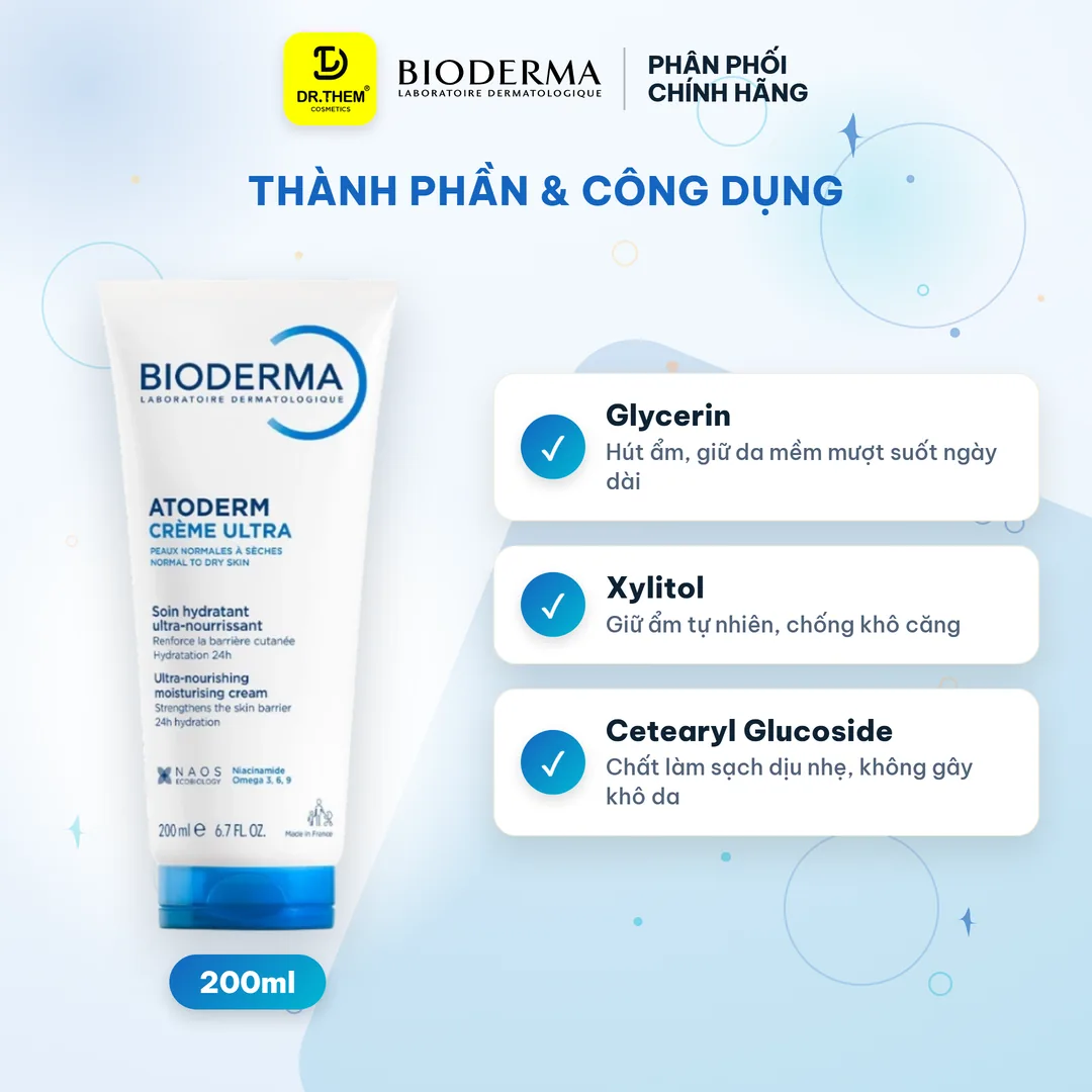 Kem Dưỡng Ẩm Bioderma Atoderm Crème Ultra Hỗ Trợ Phục Hồi Hàng Rào Bảo Vệ Da Cho Da Khô Rất Khô Nhạy Cảm 200ml – thành phần & công dụng