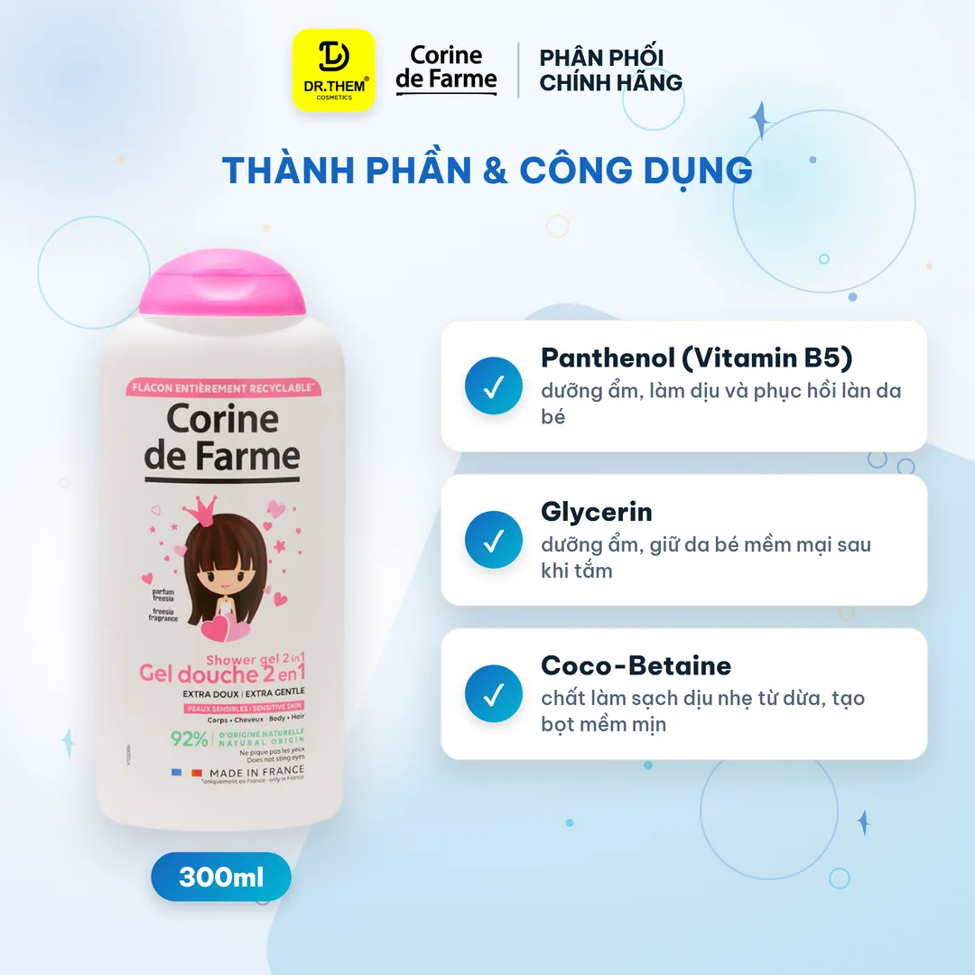 Gel Tắm Gội 2 In 1 Cho Bé Corine De Farme Princess Shower Gel Làm Sạch Dịu Nhẹ Hương Hoa Lan Nam Phi 300ml – thành phần & công dụng