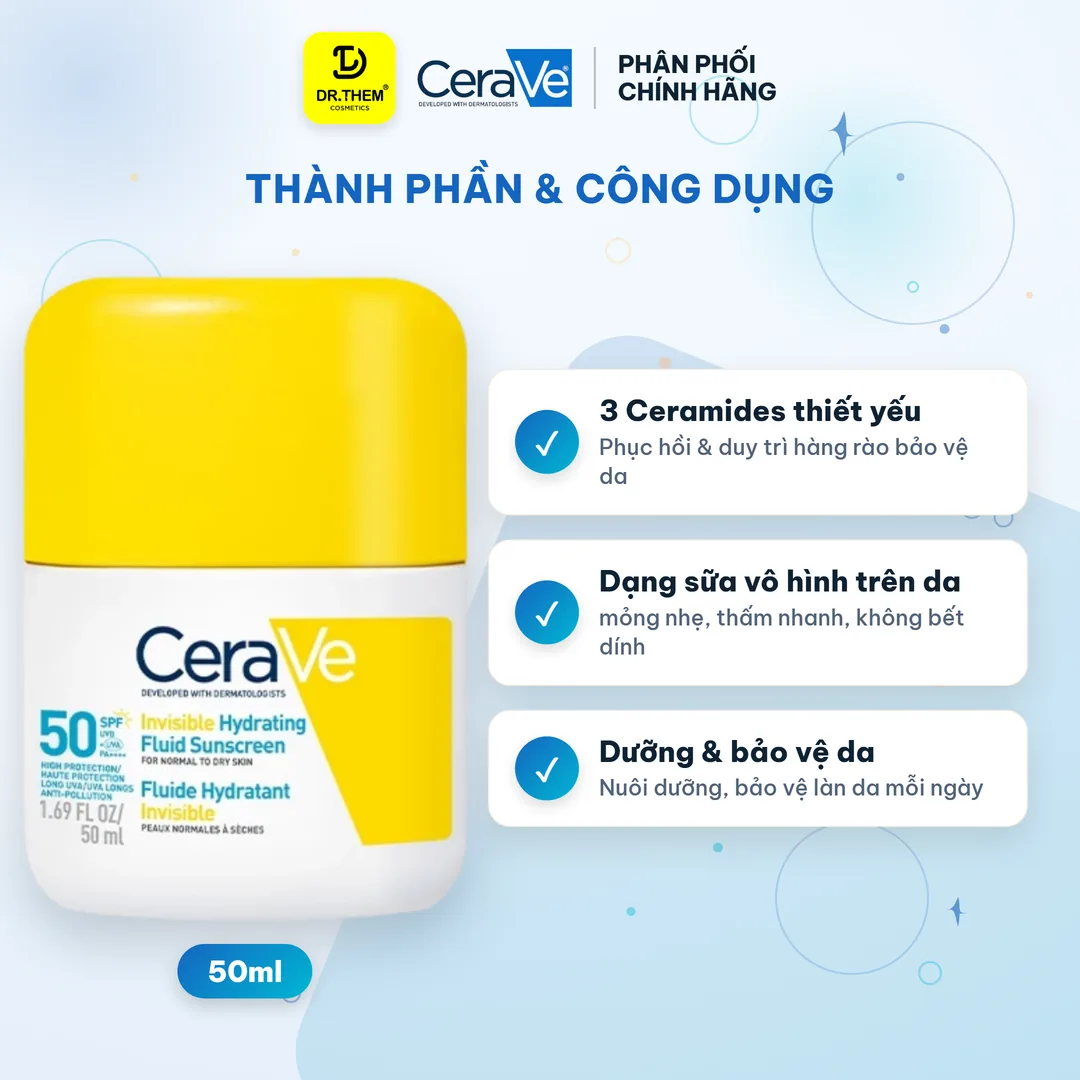 Sữa Chống Nắng CeraVe Dry Touch SPF 50+ PA++++ Kiềm Dầu 12 Giờ Mỏng Nhẹ Khô Thoáng Cho Da Thường Đến Da Dầu 50ml – thành phần & công dụng