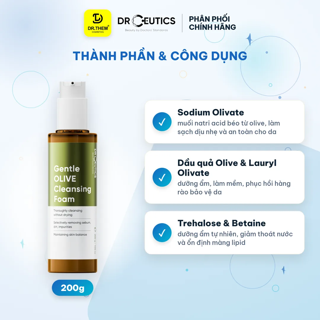 Sữa Rửa Mặt Drceutics Gentle Olive Cleansing Foam Làm Sạch Sâu Dịu Nhẹ Cân Bằng Ẩm Cho Mọi Loại Da – thành phần & công dụng