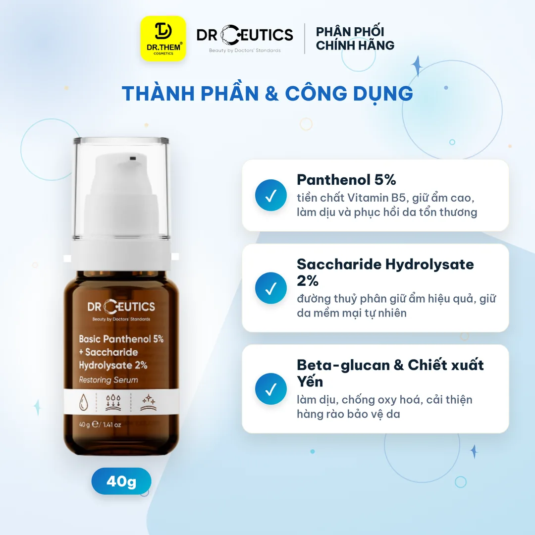 Tinh Chất DrCeutics Serum B5 Basic Và Dexpanthenol 10% Cấp Ẩm Hỗ Trợ Phục Hồi Làm Dịu Da Dầu Mụn 30g/40g/100g – thành phần & công dụng