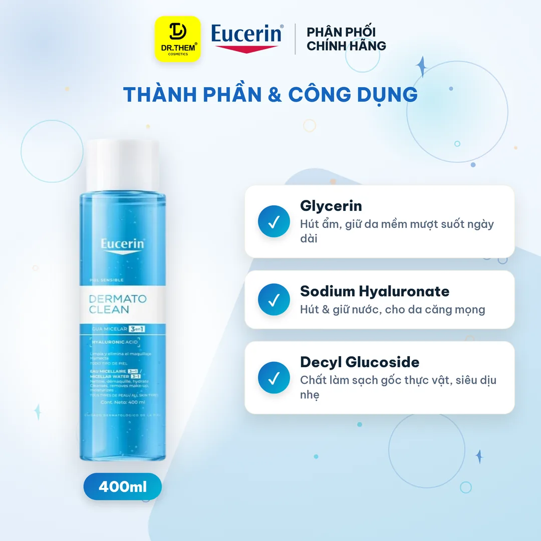 Nước Tẩy Trang Eucerin DermatoClean Micellar Water 3 Trong 1 Làm Sạch Dịu Nhẹ Cấp Ẩm Cho Da Nhạy Cảm 100ml/200ml/400ml – thành phần & công dụng