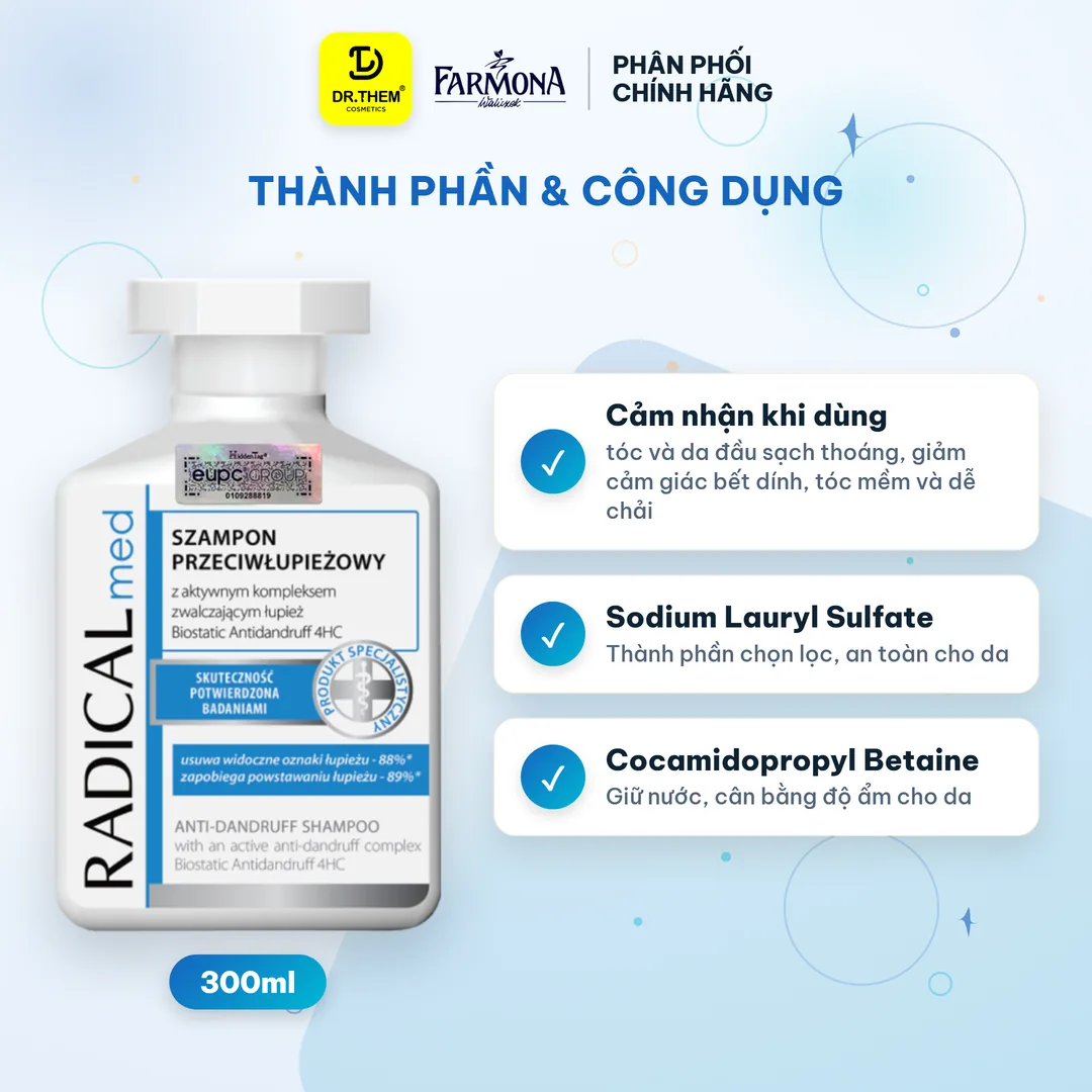 Dầu Gội Farmona Radical Med Anti Dandruff Shampoo Hỗ Trợ Giảm Gàu Làm Dịu Da Đầu 100ml 300ml – thành phần & công dụng