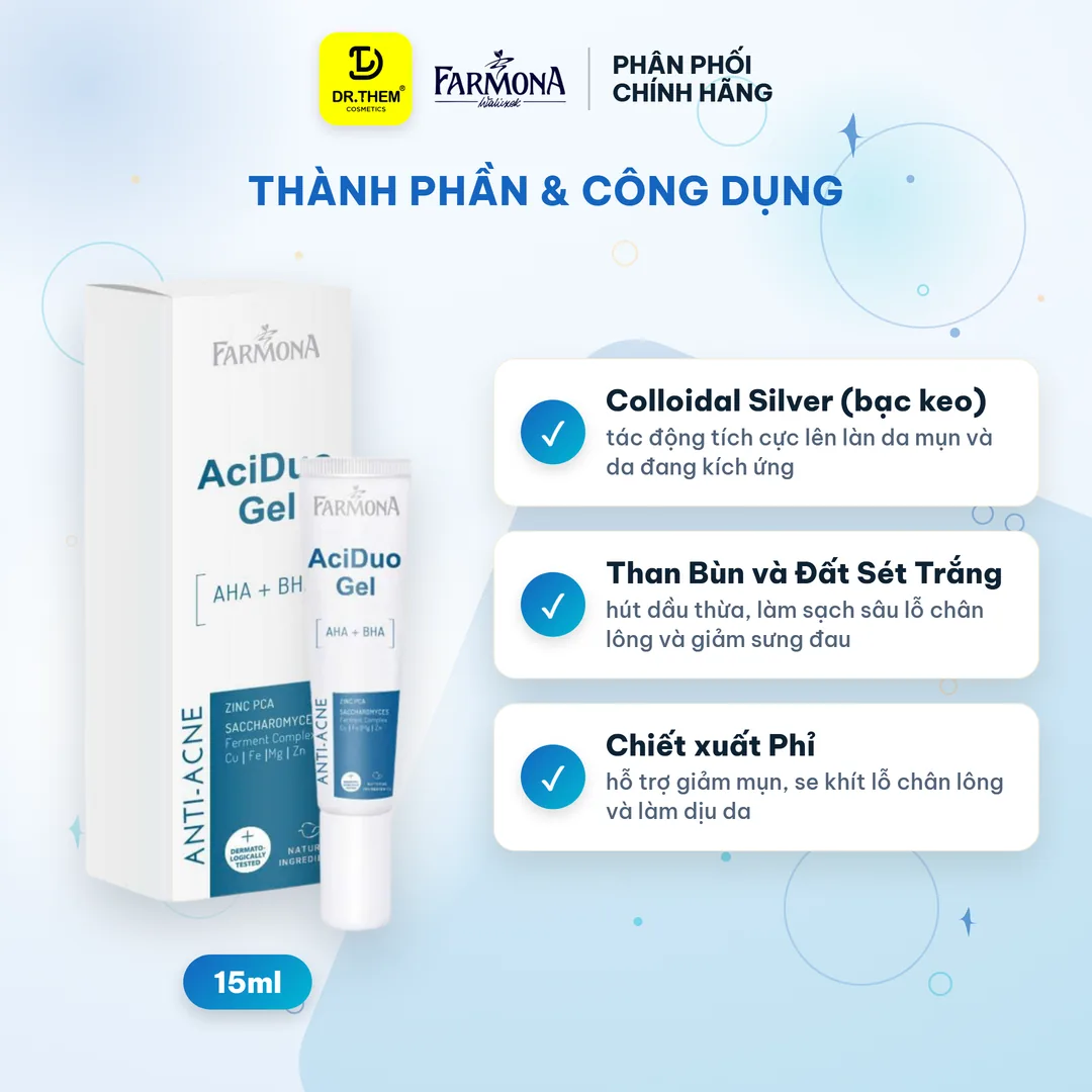 Gel Chấm Mụn Farmona AciDuo AHA BHA Zinc Hỗ Trợ Giảm Mụn Trứng Cá Làm Sạch Lỗ Chân Lông Cho Da Dầu 15ml – thành phần & công dụng