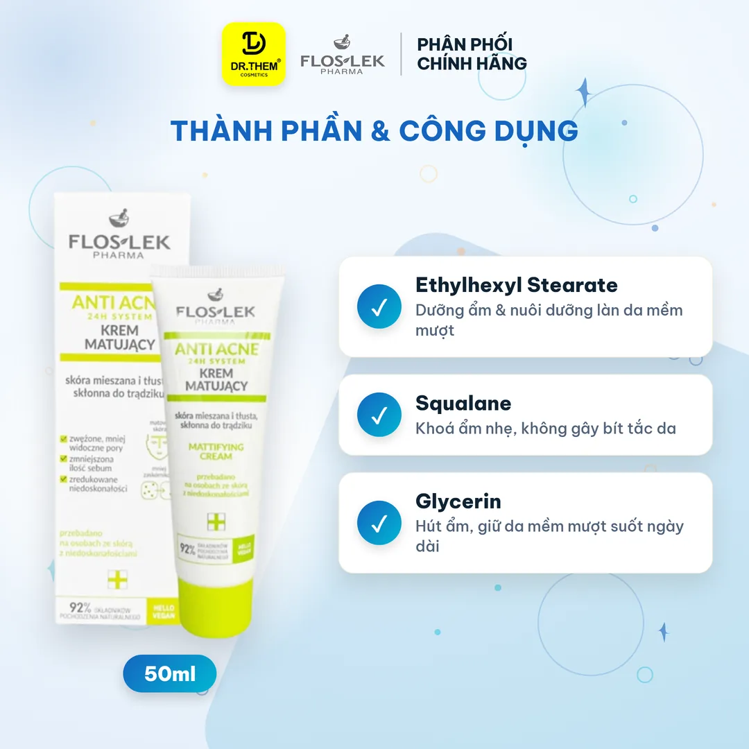 Kem Dưỡng Ẩm Kiềm Dầu Floslek Anti Acne Mattifying Cream 24H Giảm Bóng Nhờn Làm Dịu Da Dầu Mụn 50ml – thành phần & công dụng