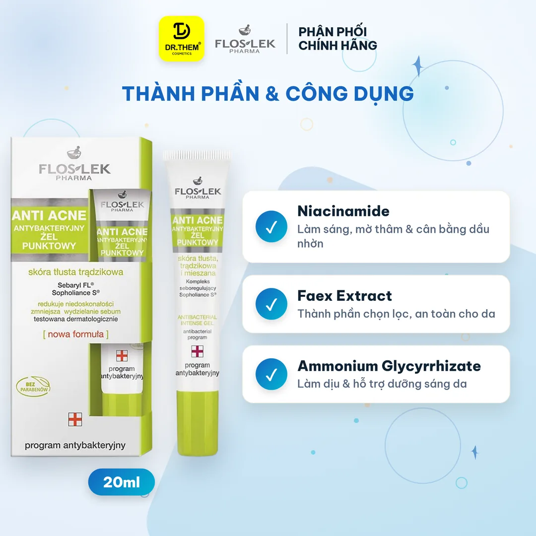 Gel Chấm Mụn Floslek Anti Acne Hỗ Trợ Giảm Mụn Sưng Se Cồi Mụn Làm Mờ Thâm Cho Da Dầu Mụn 20ml – thành phần & công dụng