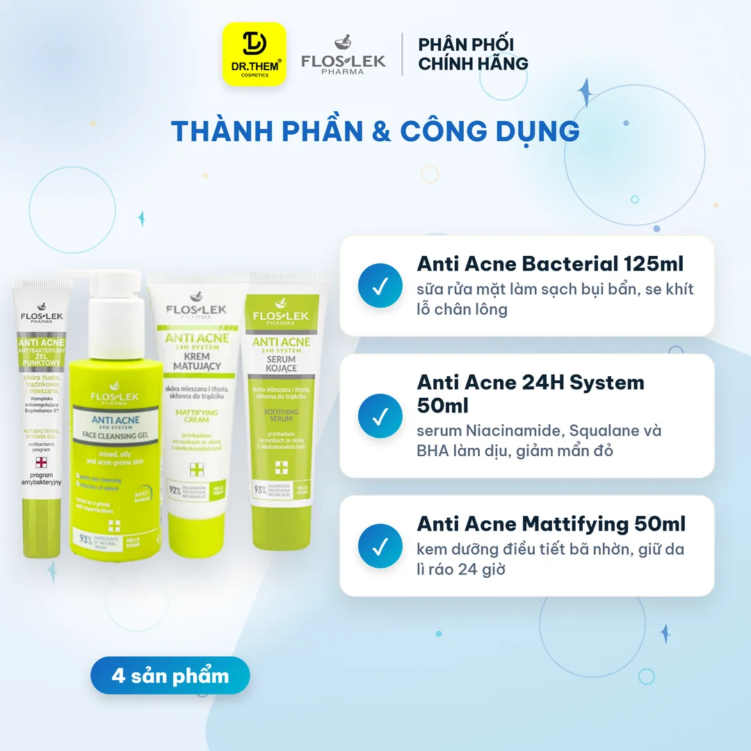 Combo Chăm Sóc Da Dầu Mụn Floslek Anti Acne Mua 3 Tặng 1 Sữa Rửa Mặt Serum Kem Dưỡng Và Gel Chấm Mụn – thành phần & công dụng