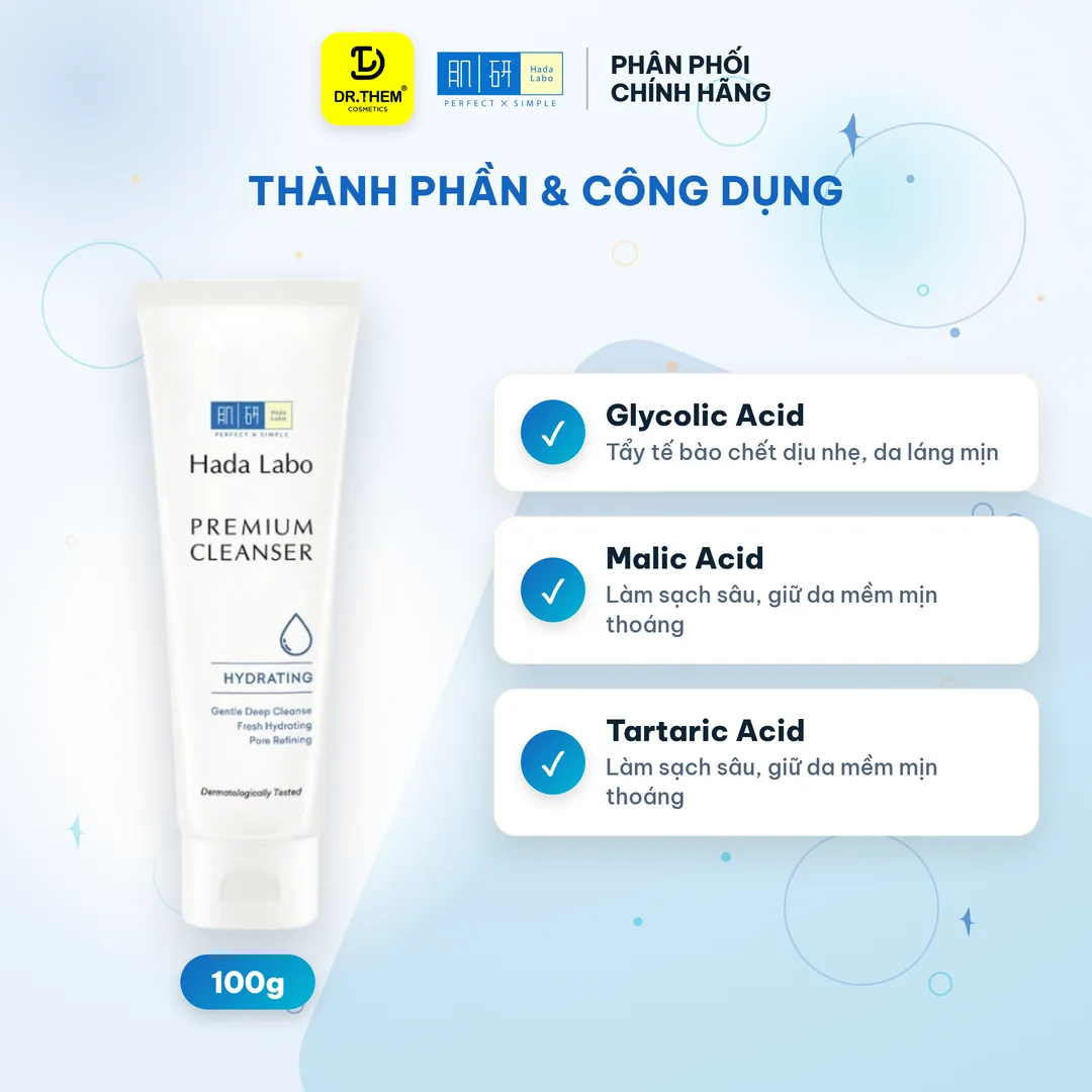 Sữa Rửa Mặt Hada Labo Premium Cleanser Hydrating Dưỡng Ẩm Cao Cấp 6 Loại HA & 5 Loại AHA Làm Sạch Sâu 100g – thành phần & công dụng