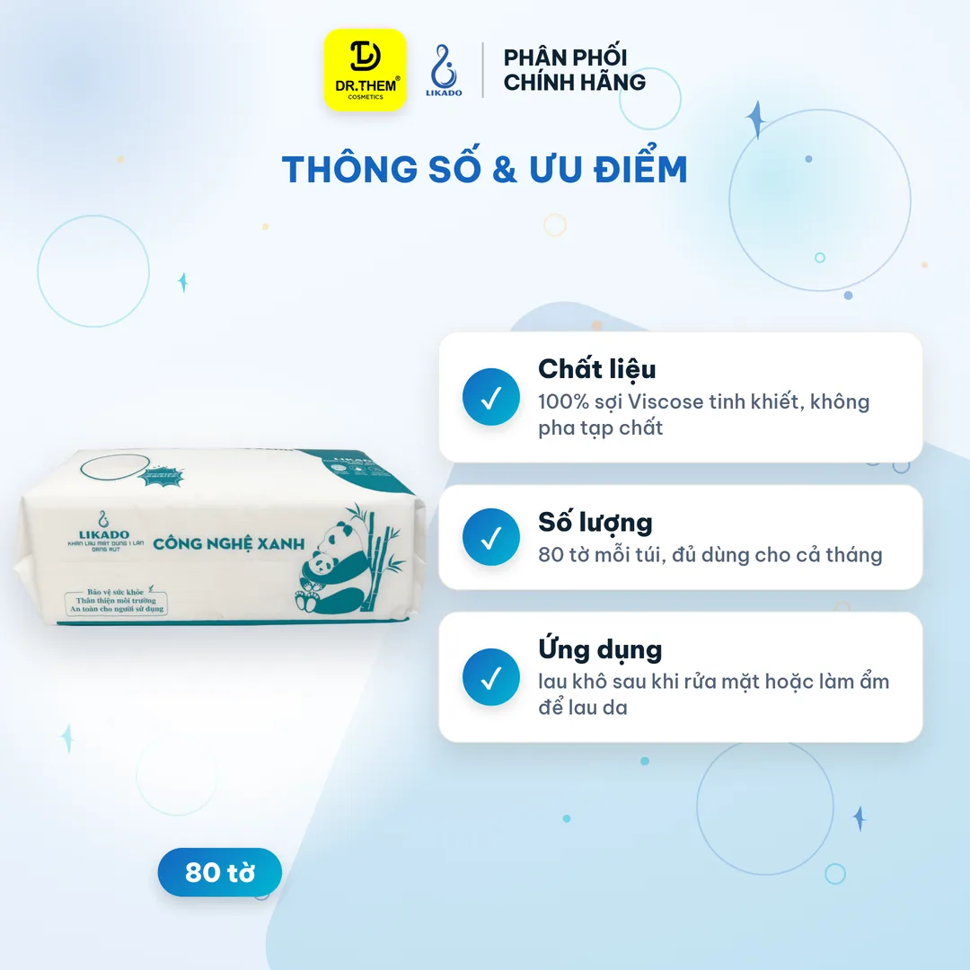 Khăn Lau Mặt Dùng 1 Lần Likado Túi Rút 80 Tờ Chất Liệu Viscose Mềm Mịn Làm Sạch Thấm Khô Da Size 20x20cm – thành phần & công dụng