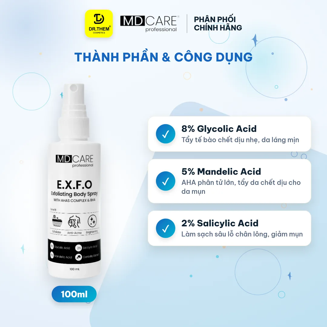 Xịt Tẩy Tế Bào Chết Toàn Thân MD Care Exfoliating Body Spray AHAs BHA Hỗ Trợ Giảm Mụn Lưng Ngực 100ml – thành phần & công dụng