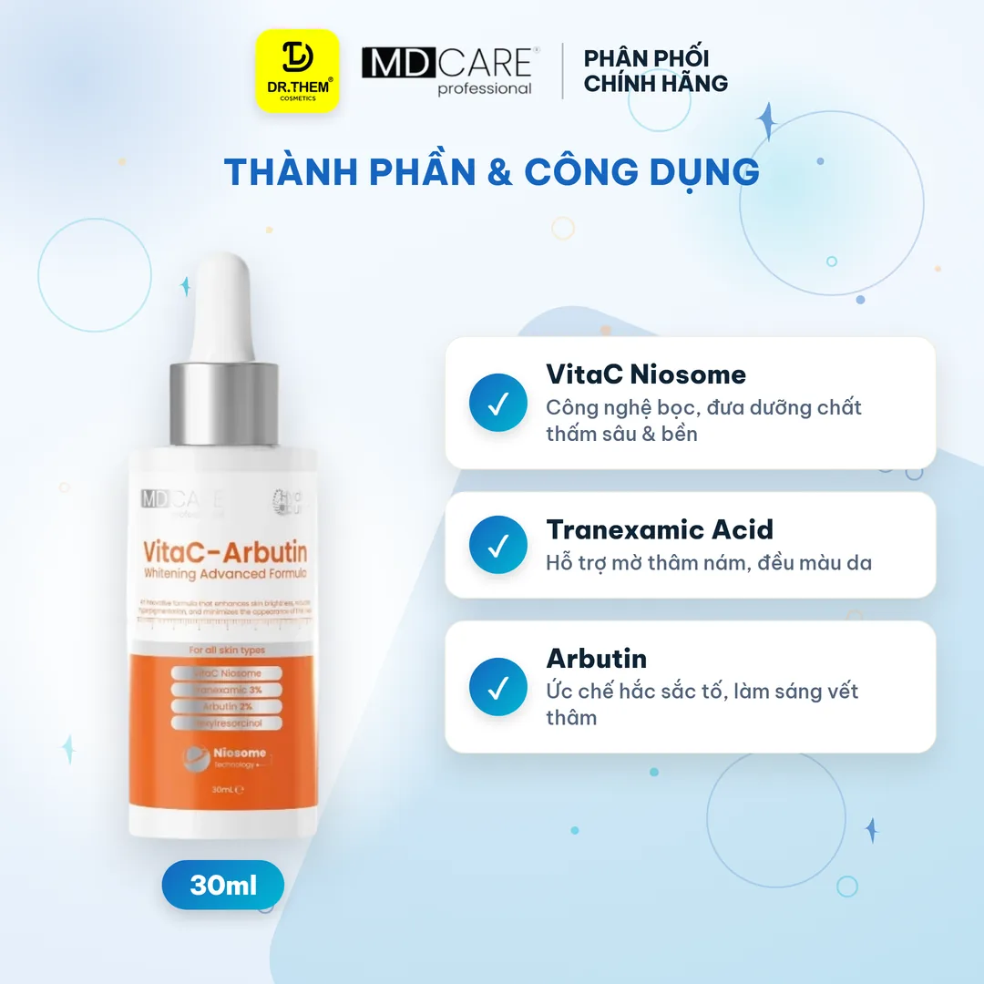 Serum MD Care VitaC Arbutin Whitening Advanced Formula Hỗ Trợ Làm Sáng Da Mờ Thâm Chống Lão Hóa 30ml – thành phần & công dụng