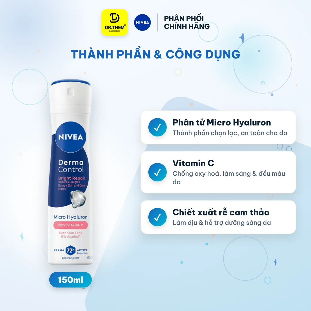 Xịt Lăn Ngăn Mùi Nivea Derma Control Bright Dưỡng Sáng Làm Đều Màu Da Vùng Dưới Cánh Tay 50ml/150ml – thành phần & công dụng