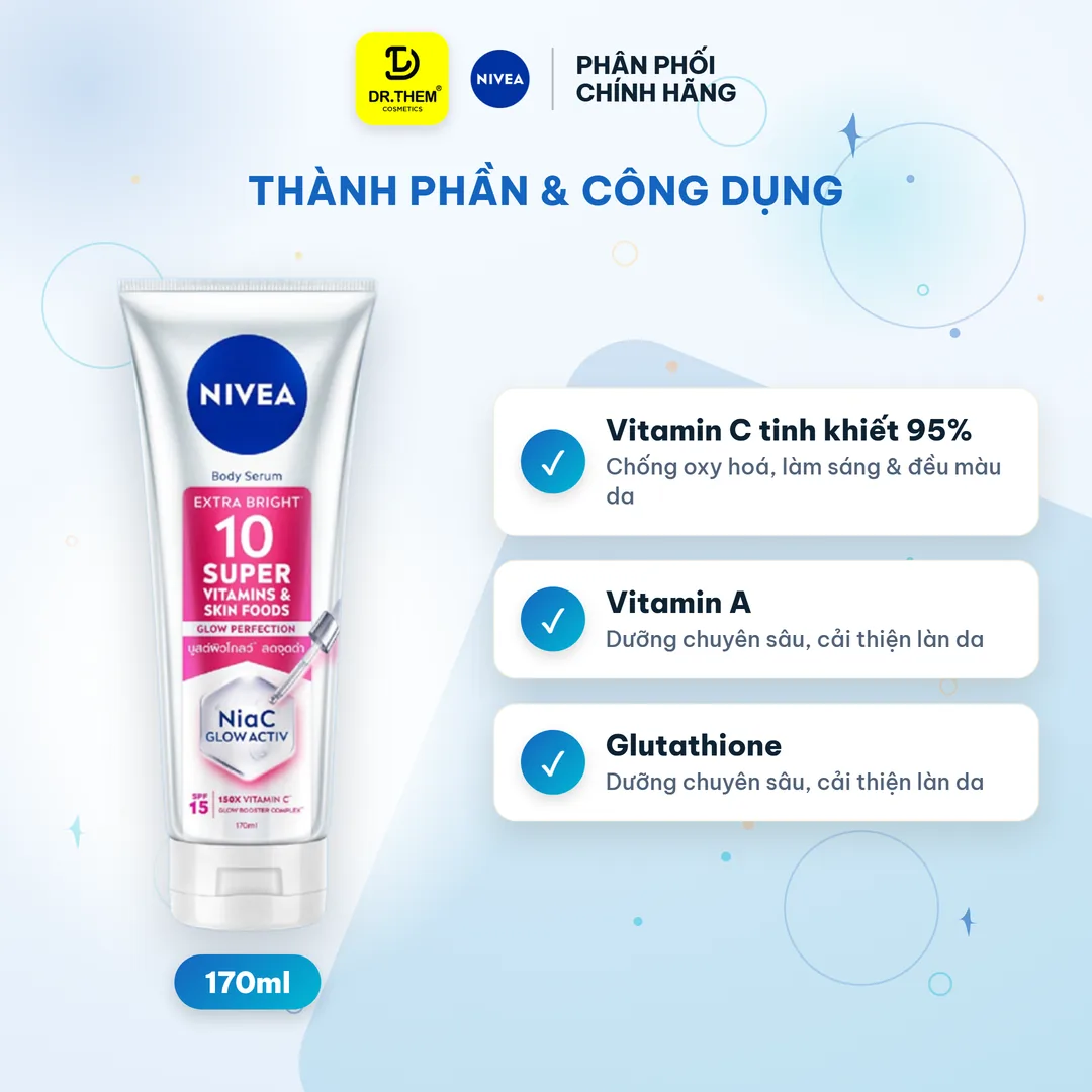 Sữa Dưỡng Thể Nivea Extra Bright Body Serum Dưỡng Sáng Đều Màu Hỗ Trợ Mờ Thâm Nám Cho Da Cơ Thể 170ml/300ml/350ml – thành phần & công dụng