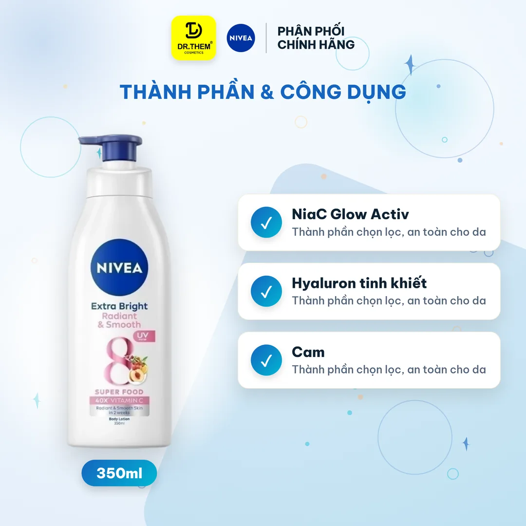 Sữa Dưỡng Thể Nivea Extra Bright Radiant & Smooth 8 Super Foods Dưỡng Sáng Mịn Cấp Ẩm Đều Màu Ban Ngày 350ml – thành phần & công dụng