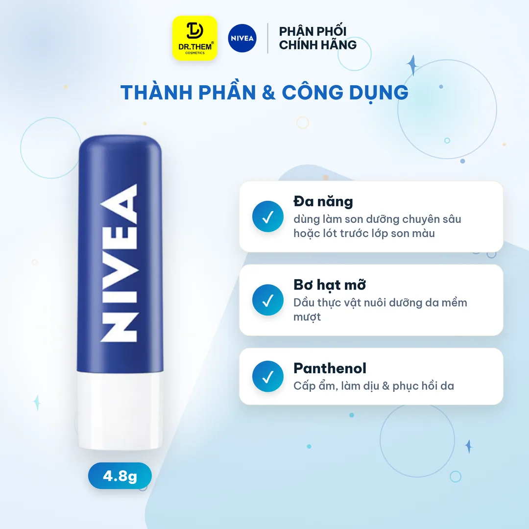 Son Dưỡng Ẩm Môi NIVEA Original Care Dưỡng Ẩm Chuyên Sâu Phục Hồi Môi Khô Không Chứa Chì 4.8g – thành phần & công dụng