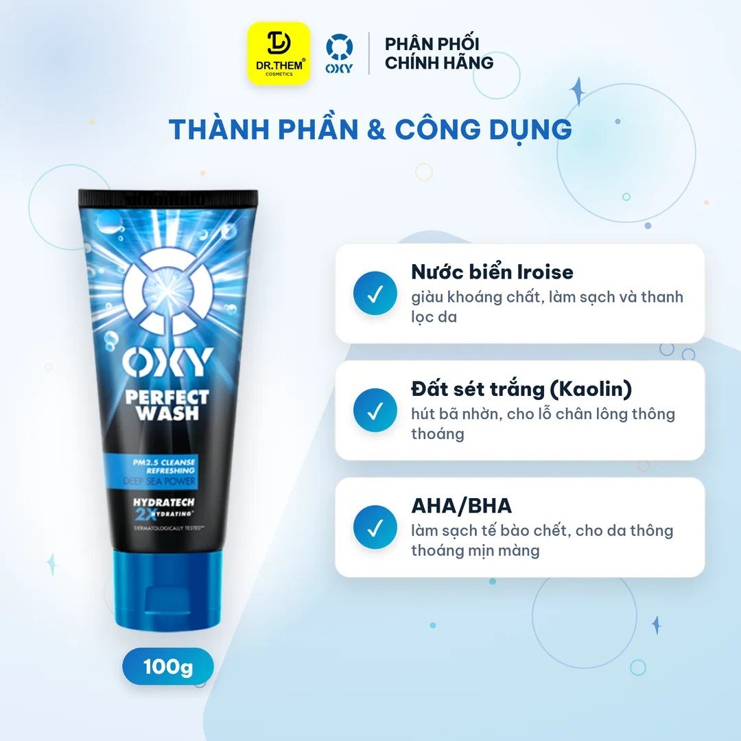 Kem Rửa Mặt OXY Perfect Wash Làm Sạch Sâu Bụi Mịn PM2.5 Bã Nhờn Và Tế Bào Chết Cho Da Thường Da Nhờn 100g – thành phần & công dụng