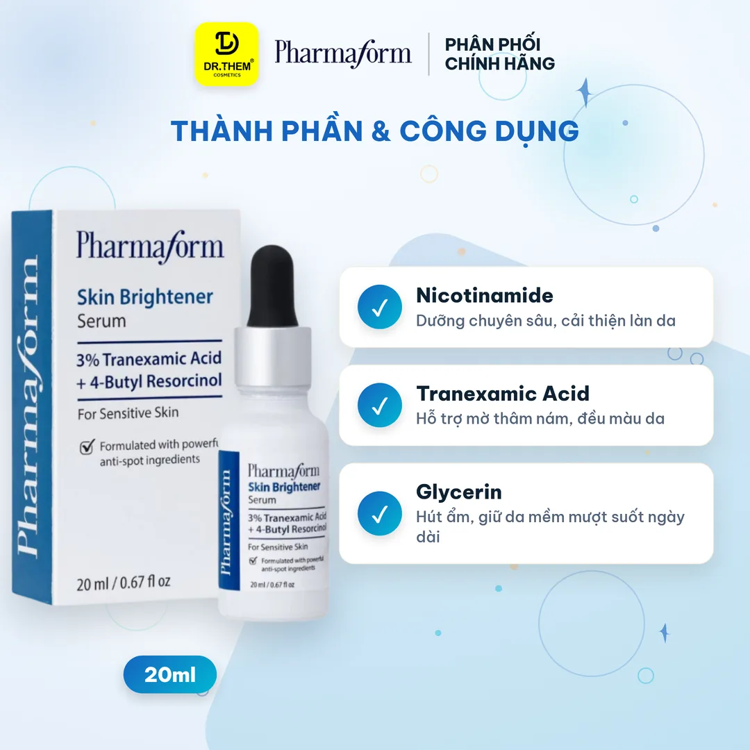 Tinh Chất Pharmaform Skin Brightener Serum Làm Sáng Da Hỗ Trợ Cải Thiện Thâm Mụn Tàn Nhang 20ml – thành phần & công dụng