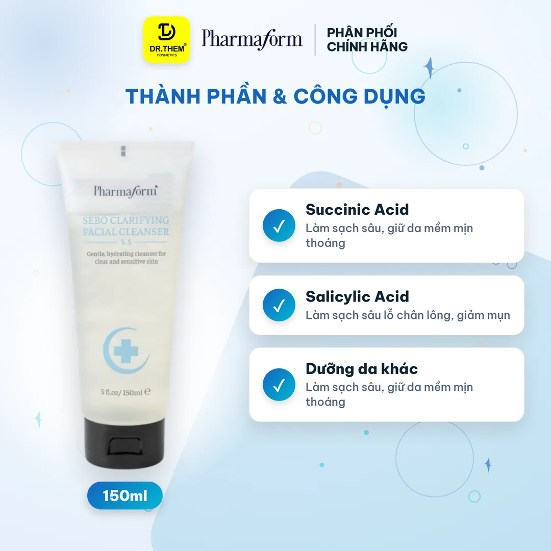 Sữa Rửa Mặt Pharmaform Sebo Clarifying Facial Cleanser Làm Sạch Sâu Loại Bỏ Bã Nhờn Cấp Ẩm Cho Da Dầu Mụn 150ml – thành phần & công dụng