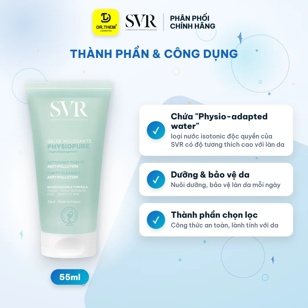 Gel Rửa Mặt SVR Physiopure Gelée Moussante Làm Sạch Dịu Nhẹ Cấp Ẩm Cho Da Nhạy Cảm Dễ Kích Ứng 55ml – thành phần & công dụng