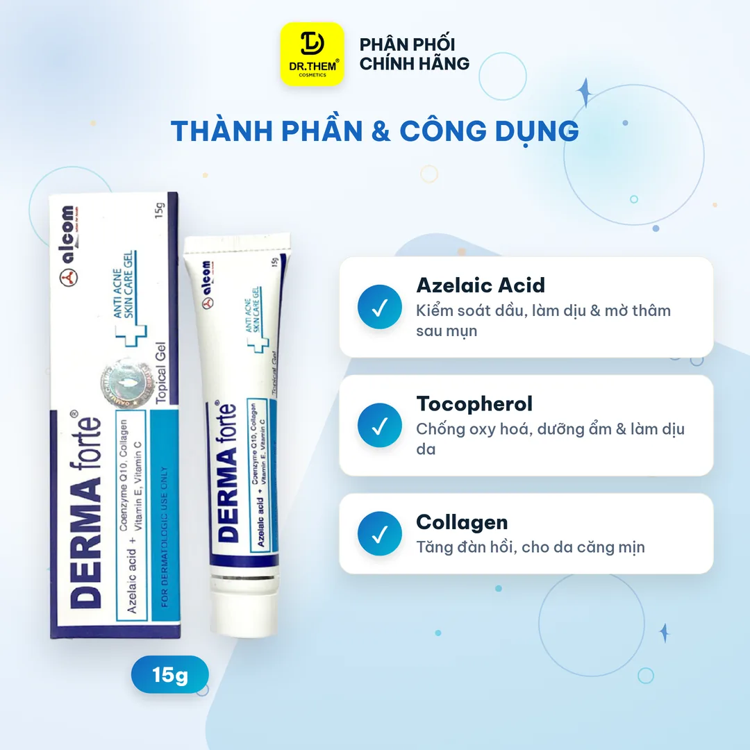 Gel Giảm Mụn Alcom Derma Forte Bản Thường Azelaic Acid Và Bản Advanced Tazarotene Hỗ Trợ Giảm Mụn Mờ Thâm 15g – thành phần & công dụng