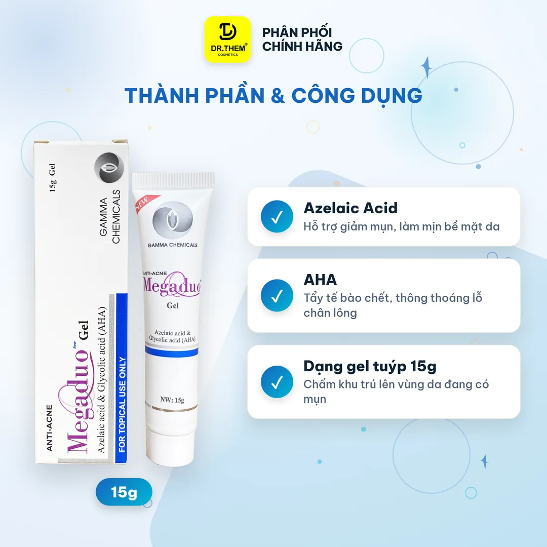 Gel Giảm Mụn Megaduo Bản Thường Azelaic Và AHA Bản Plus Retinal Salicylic AHA Hỗ Trợ Giảm Mụn Mờ Thâm 15g – thành phần & công dụng