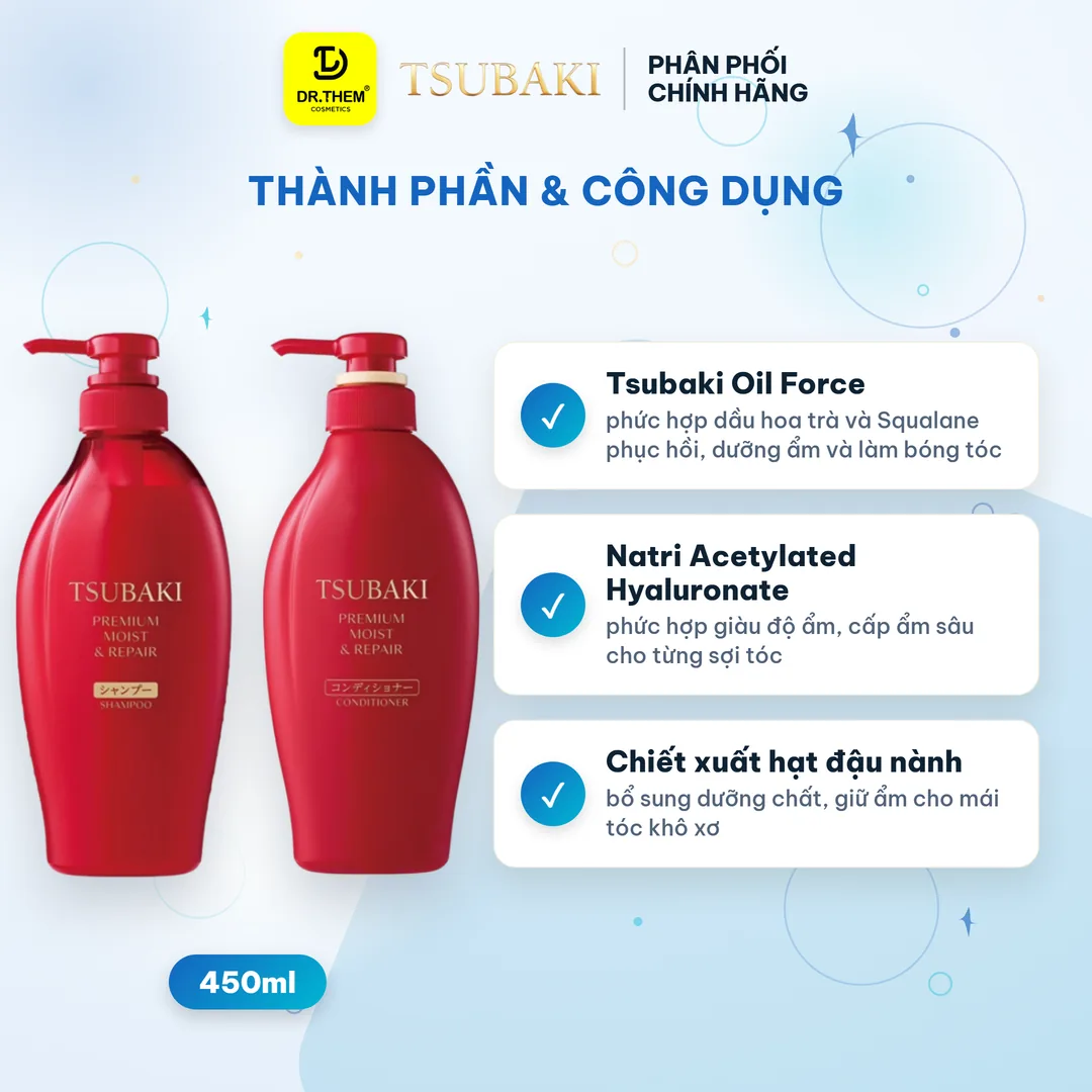 Bộ Đôi Gội Xả Tsubaki Premium Moist & Repair Phục Hồi Bóng Mượt 490ml x 2 – thành phần & công dụng