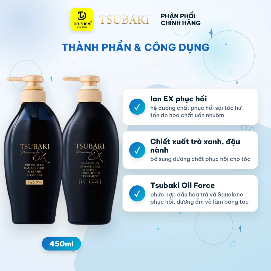 Bộ Đôi Gội Xả Tsubaki Premium EX Damage Care & Repair Phục Hồi Chuyên Sâu 490ml x 2 – thành phần & công dụng