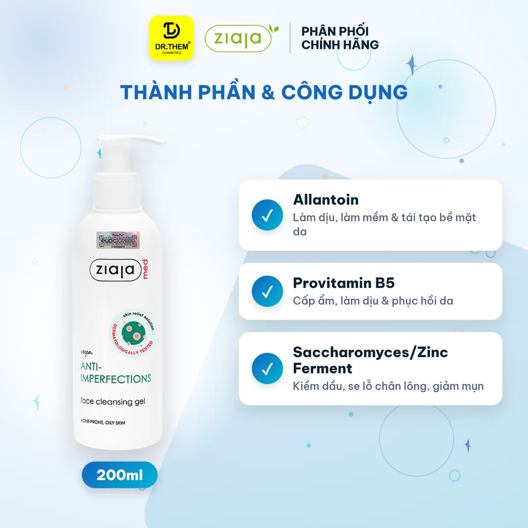 Sữa Rửa Mặt Ziaja Med Anti-Imperfections Cleansing Gel Hỗ Trợ Giảm Mụn Ngừa Khuẩn Kiềm Dầu Cho Da Dầu Mụn 200ml – thành phần & công dụng