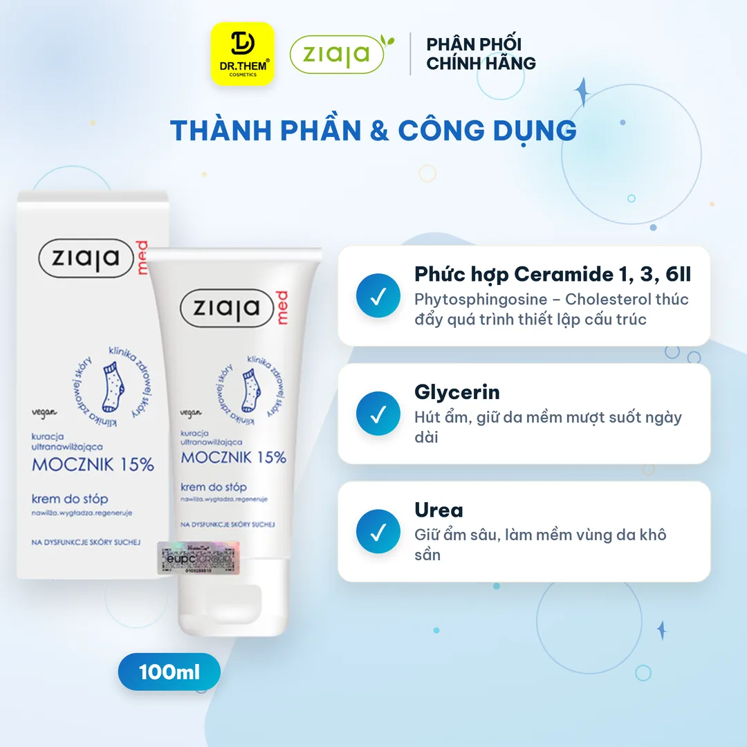 Kem Dưỡng Ziaja Med Mocznik 15% Urê Làm Mềm Da Dưỡng Ẩm Chuyên Sâu Giảm Khô Nứt Nẻ Cho Da Rất Khô 100ml – thành phần & công dụng