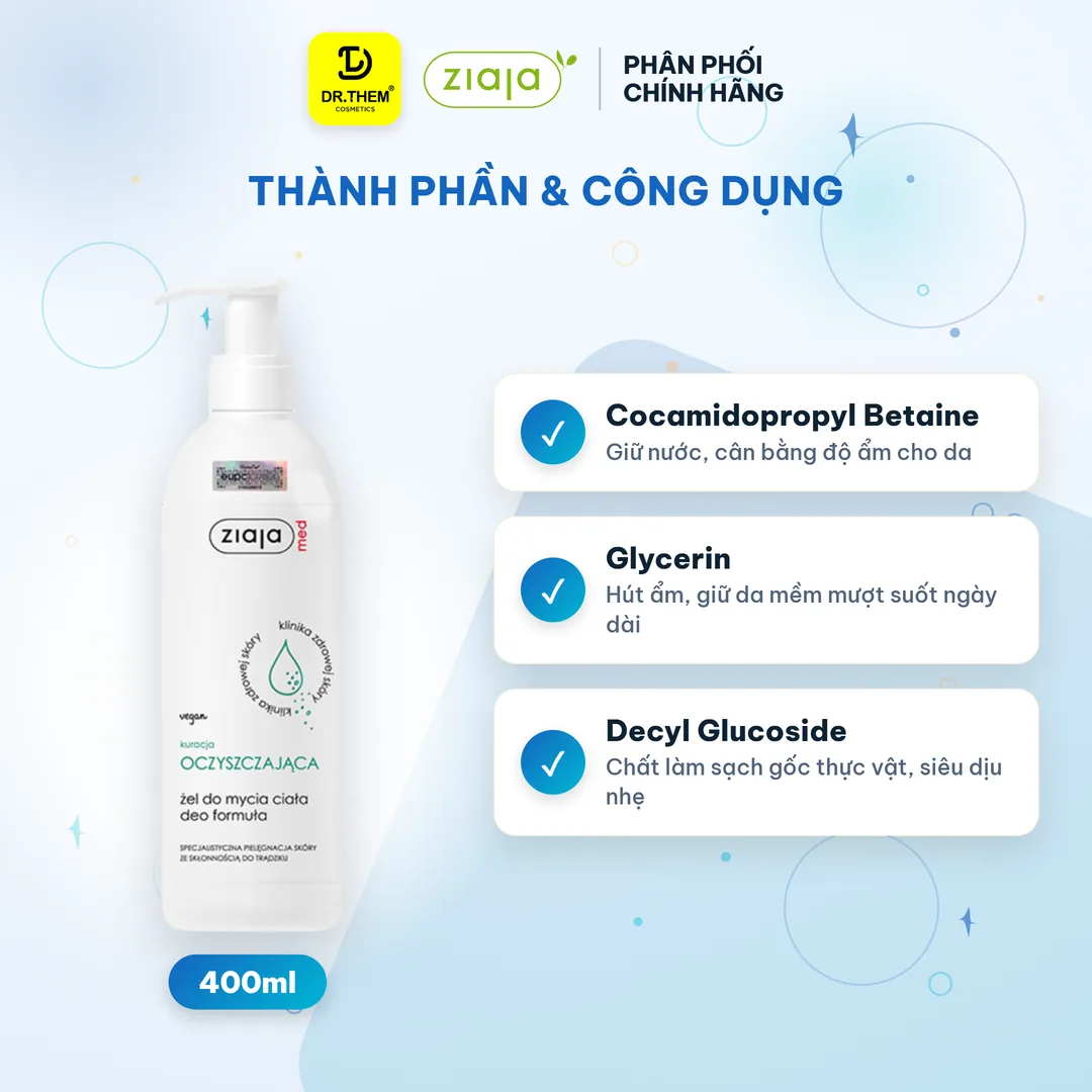 Gel Tắm Ziaja Med Kuracja Oczyszczajaca Deo Formula Làm Sạch Ngừa Khuẩn Hỗ Trợ Giảm Mụn Lưng Cho Da Dầu 400ml – thành phần & công dụng