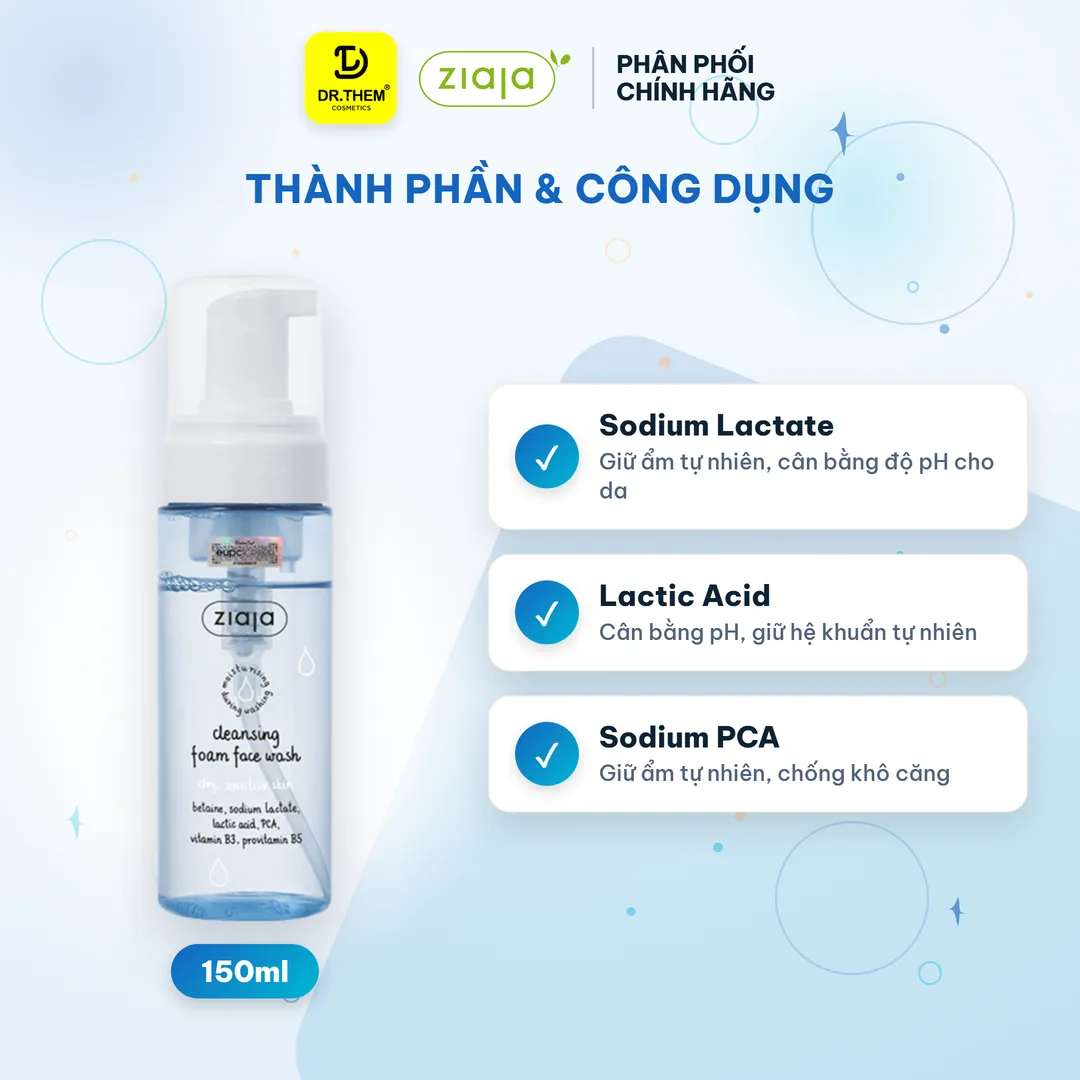 Sữa Rửa Mặt Tạo Bọt Ziaja Cleansing Foam Face Wash Dry Sensitive Skin Dịu Nhẹ Dưỡng Ẩm Làm Mềm Da 150ml – thành phần & công dụng