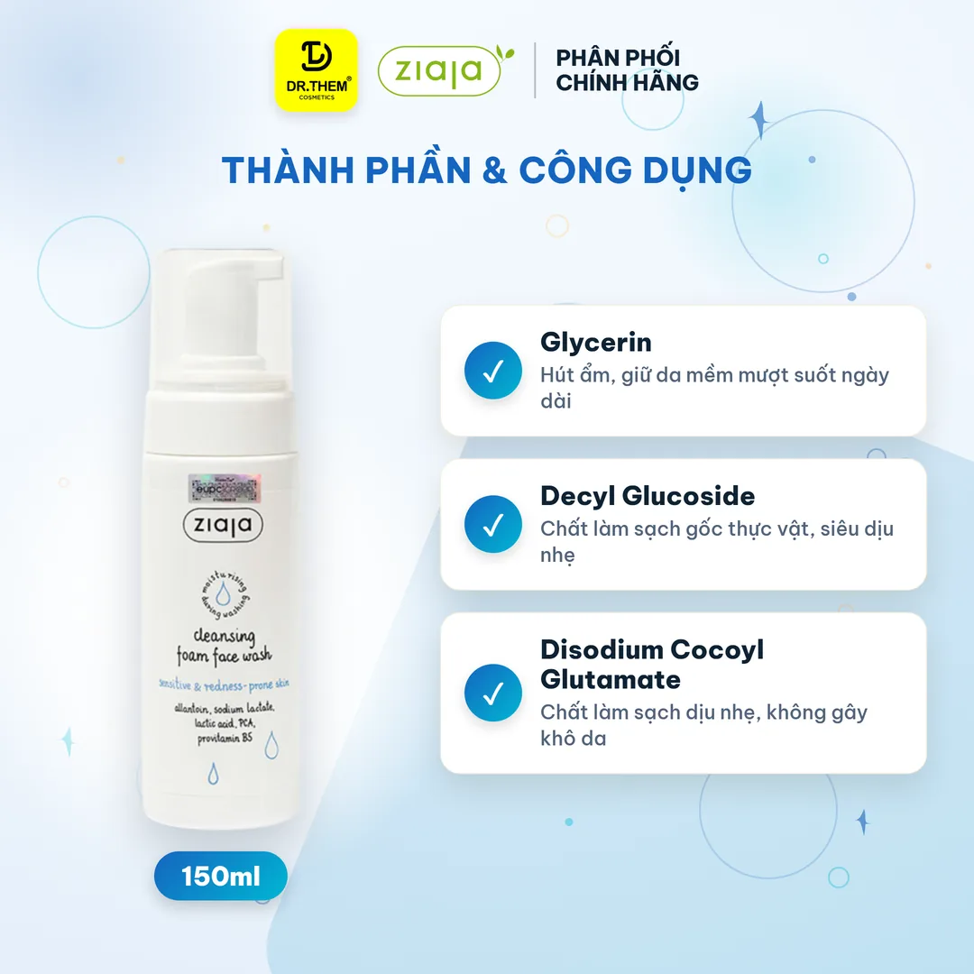 Sữa Rửa Mặt Tạo Bọt Ziaja Cleansing Foam Face Wash Sensitive Redness Prone Skin Dịu Nhẹ Giảm Mẩn Đỏ 150ml – thành phần & công dụng
