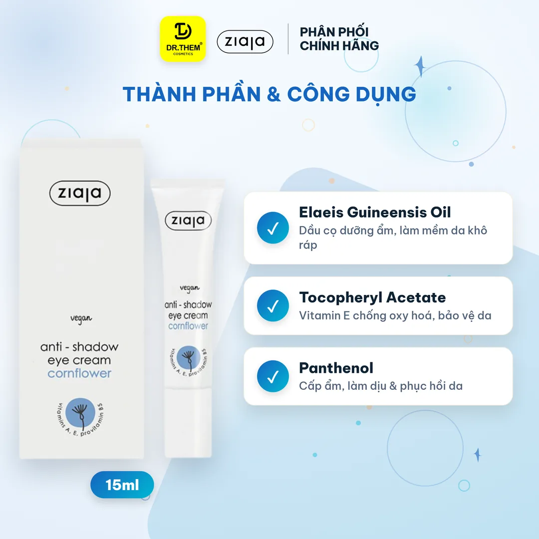Kem Dưỡng Mắt Ziaja Anti-Shadow Eye Cream Hỗ Trợ Giảm Quầng Thâm Dưỡng Ẩm Vùng Da Quanh Mắt 15ml – thành phần & công dụng