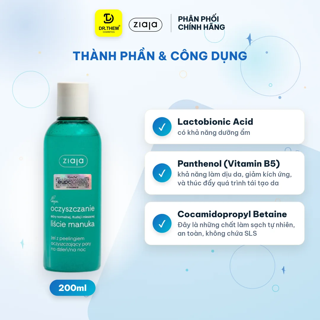 Gel Rửa Mặt Sạch Sâu, Điều Hòa Tuyến Bã Nhờn Ziaja Manuka Tree Purifying Normalising Cleansing Gel 200ml – thành phần & công dụng