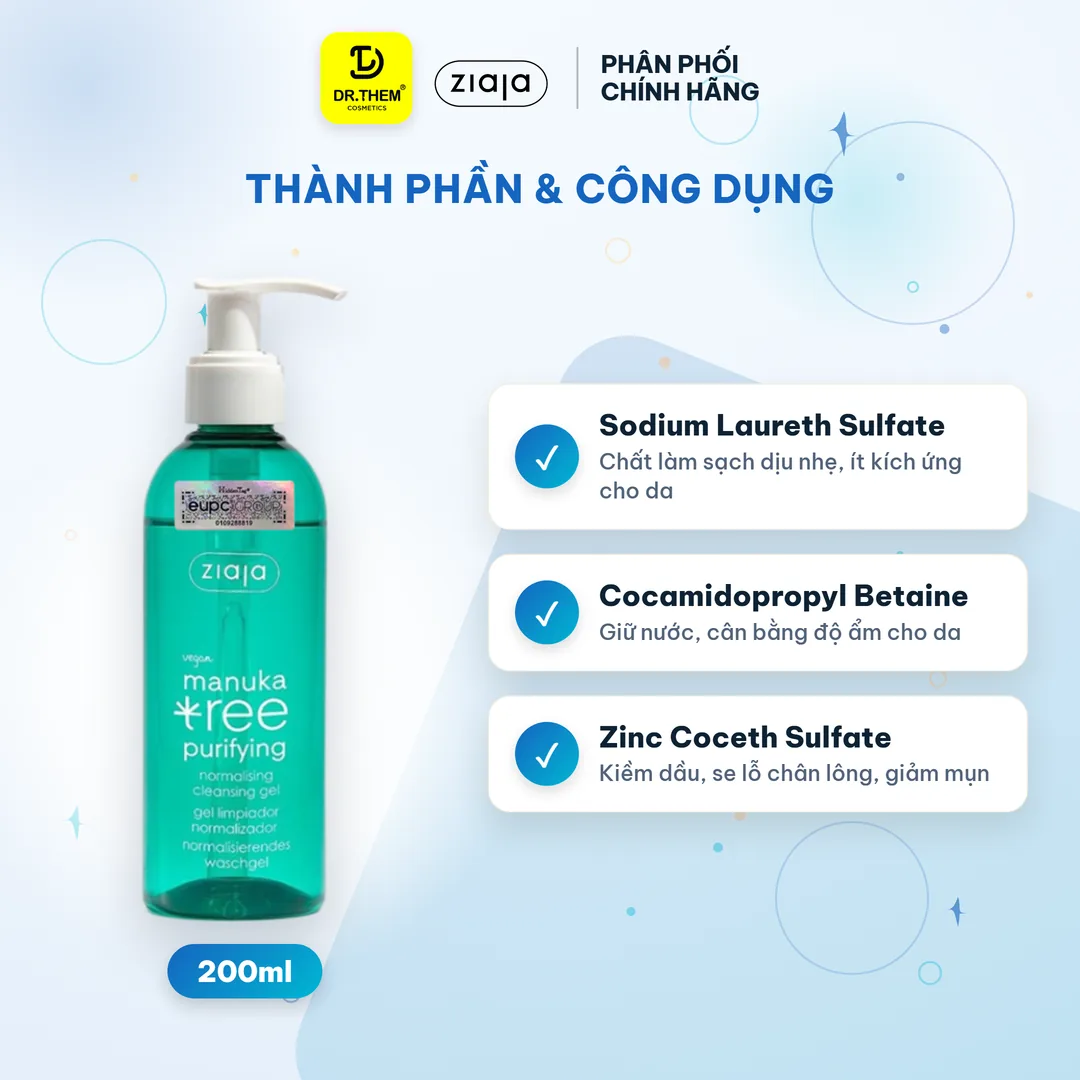Gel Rửa Mặt Ziaja Manuka Tree Purifying Normalising Cleansing Gel Làm Sạch Sâu Điều Hòa Bã Nhờn 200ml – thành phần & công dụng