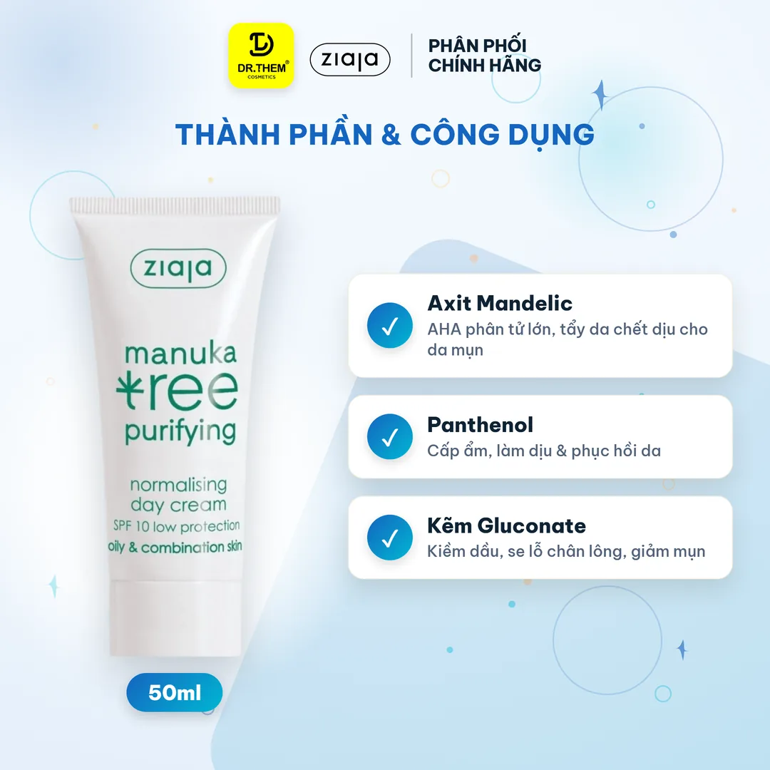 Kem Dưỡng Ziaja Manuka Tree Purifying Normalising Kiềm Dầu Cân Bằng Ngày Đêm Cho Da Dầu Mụn 50ml – thành phần & công dụng